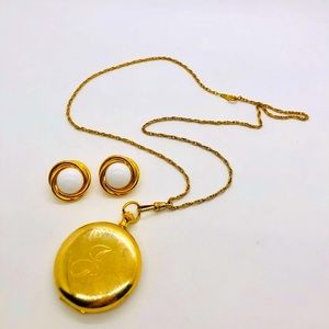 Vintage “J” Locket Necklace & Crown Trifari Earrings